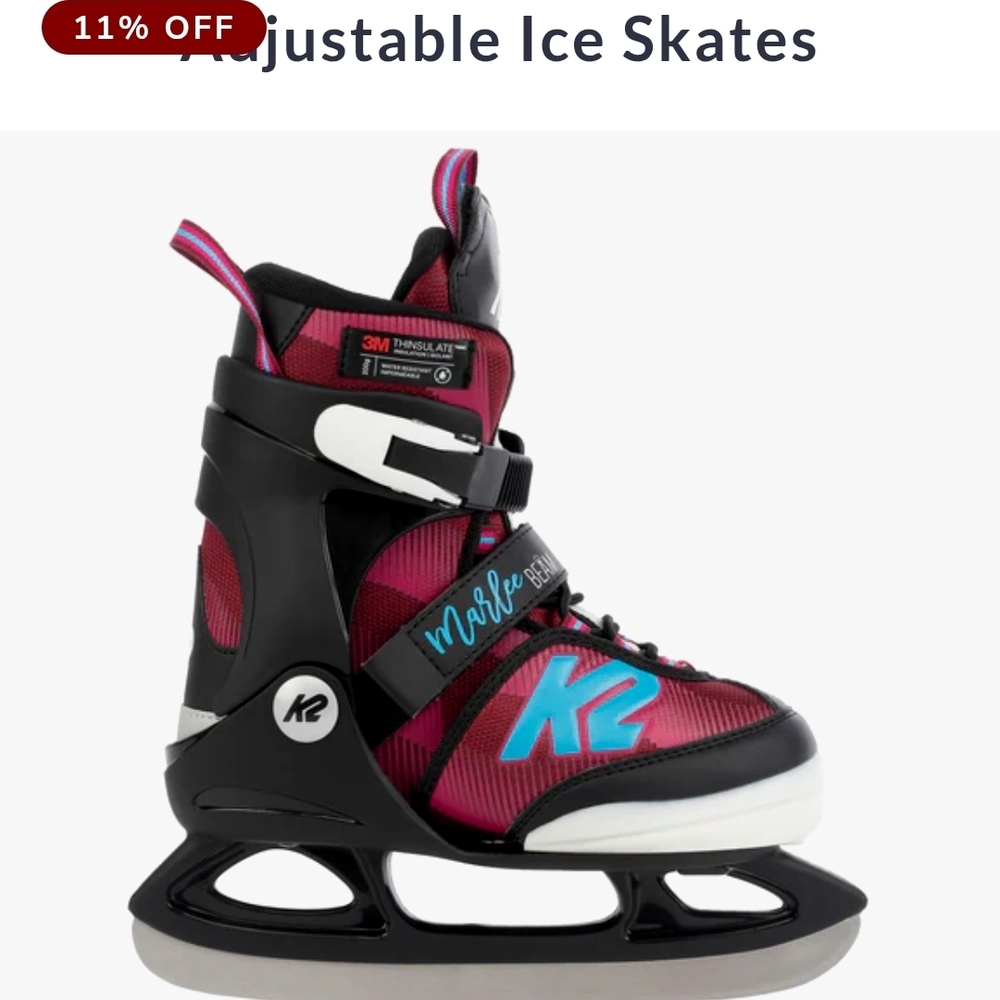K2 Marble Adjustable Kids Ice Skates - Berry Pink with Blue Accents